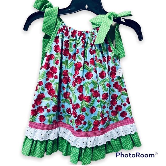 Hand Crafted Other - NWT Girls Sundress Sz 4 Pillowcase Dress Cherries Ruffles Lace Adjustable Bows